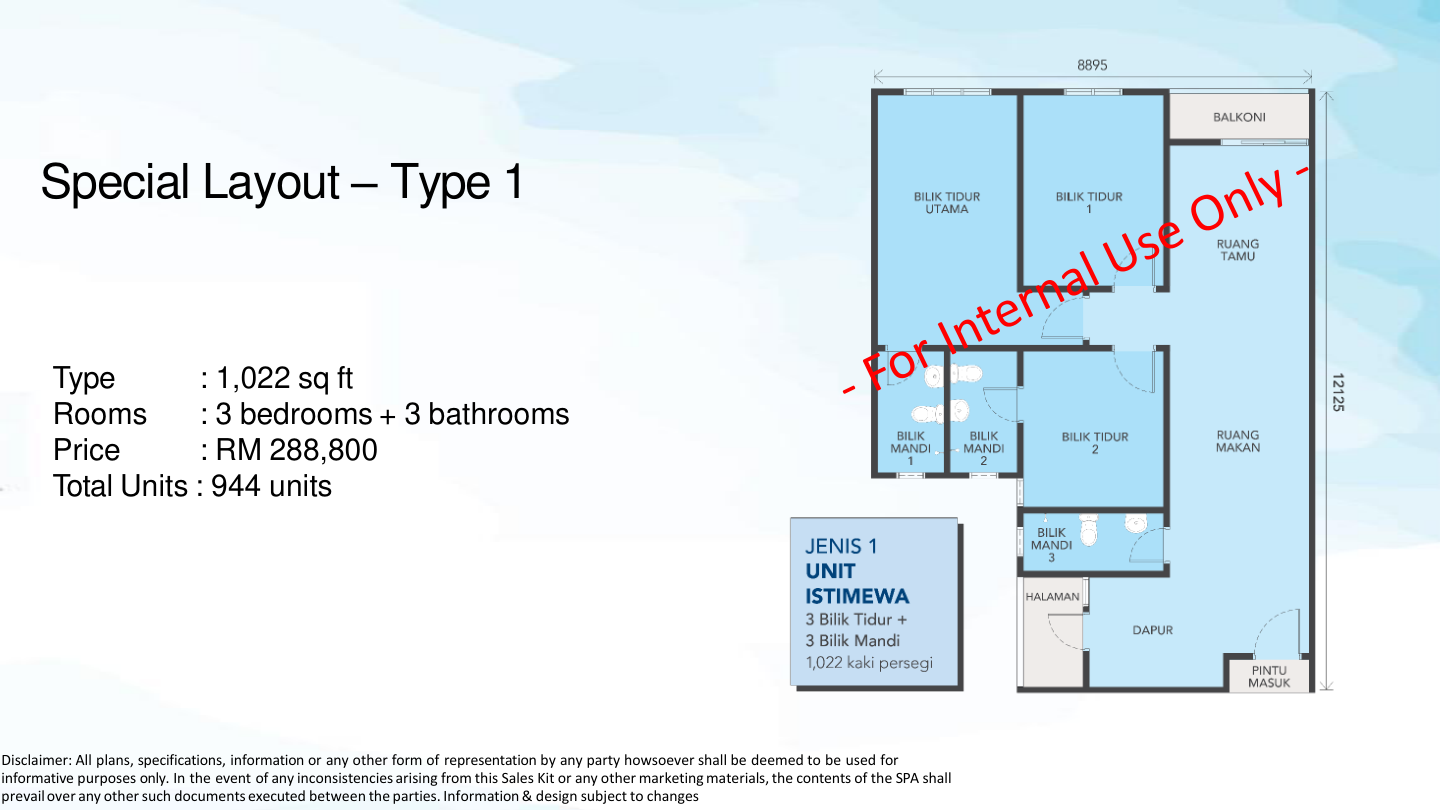 Type 1 Layout 1,022sqft
